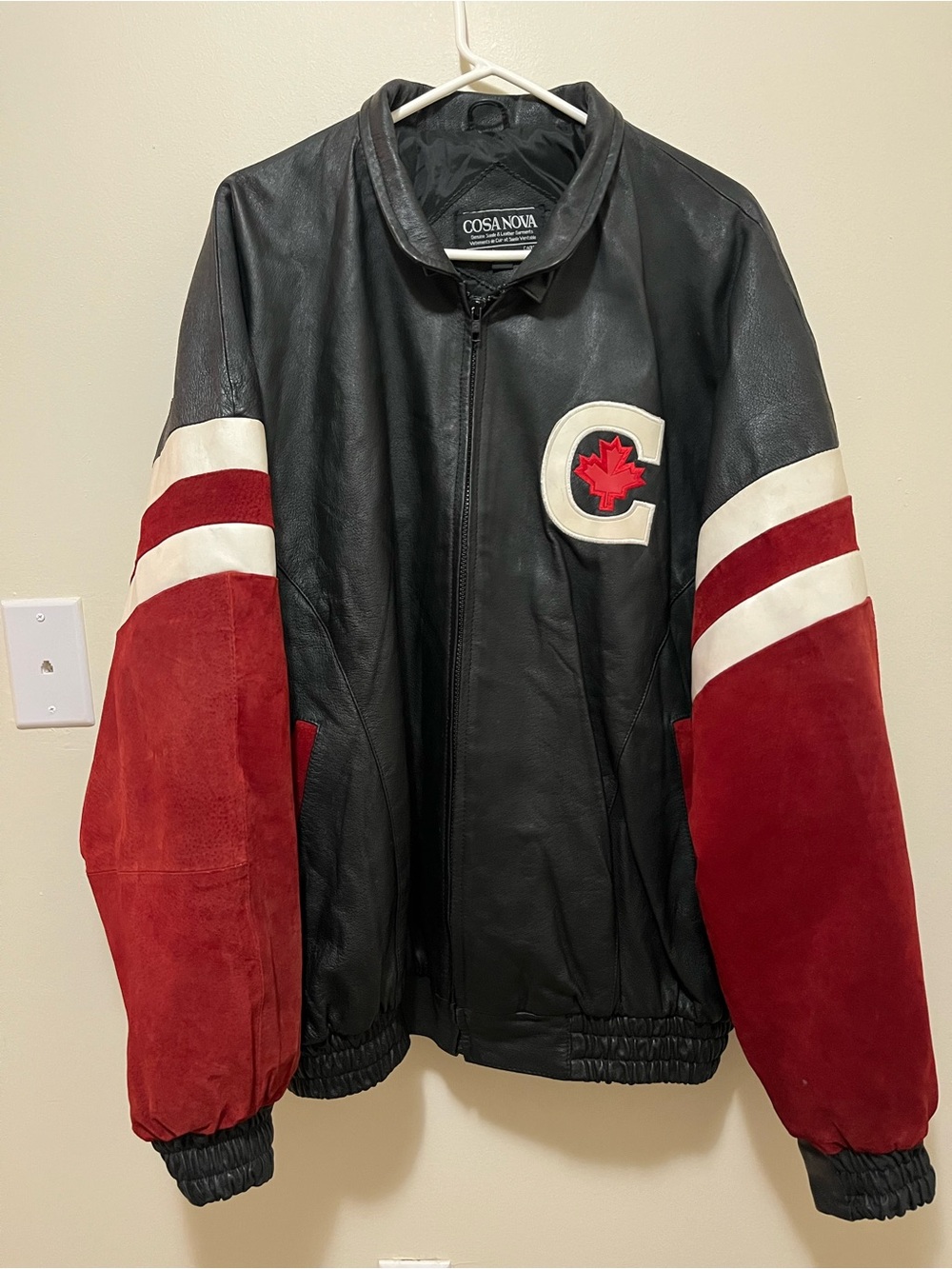 : Vintage 90s Cosa Nova Canada Flag Leather Suede Bomber Jacket - Size "Bigger"